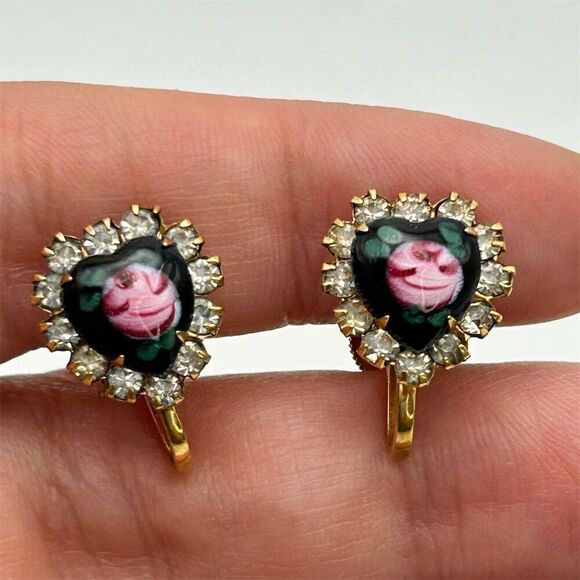 Vintage 1950s Green Heart Earrings Pink Rose Center Screw Back Retro Gold Tone - Picture 3 of 11